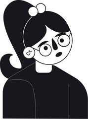 Confused girl with ponytail and glasses in black and white illustration