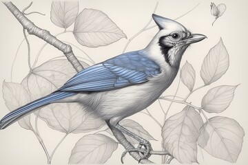 Realistic and Detailed Drawing of a Lifelike Blue Jay in Intricate Shading Style, generative AI - obrazy, fototapety, plakaty