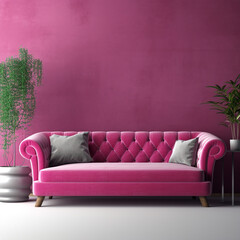 Livingroom in trend viva magenta wall background mockup with sofa furniture and decor. Generative AI
