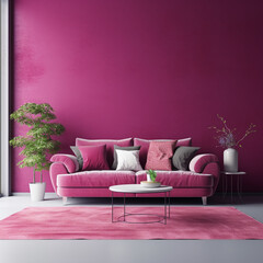 Obraz premium Livingroom in trend viva magenta wall background mockup with sofa furniture and decor. Generative AI