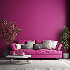 Livingroom in trend viva magenta wall background mockup with sofa furniture and decor. Generative AI