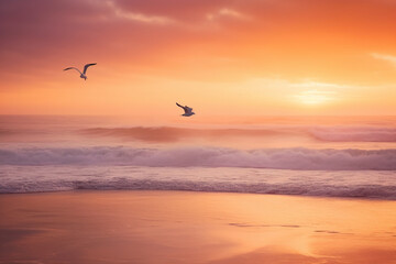Plakat Serenity Unveiled: Tranquil Coastal Sunset with Gentle Waves and Graceful Seagull