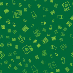 Set line Newspaper and coffee, Coffee street truck machine and Milkshake on seamless pattern. Vector