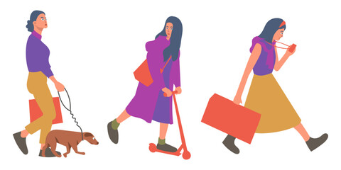 Fototapeta na wymiar Woman walking with dog and bag. Vector illustration in flat style.