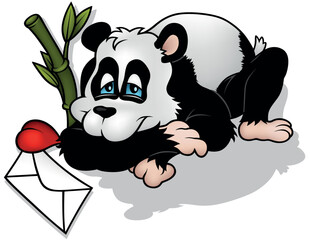 Blue-eyed Giant Panda Bear Lying on the Ground with Love Letter