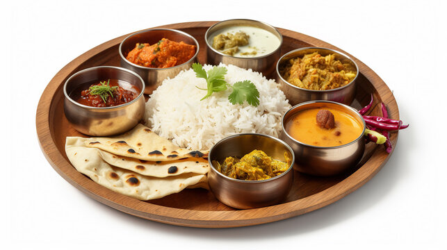  Indian thali,  home made food with lentil dal, cauliflower curry, roti, ghee butter, and  rice, ai illustration isolated on white 