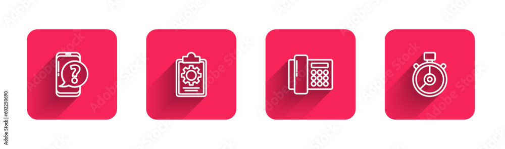 Poster set line mobile phone with question, checklist 24 hours service, telephone and stopwatch with long s