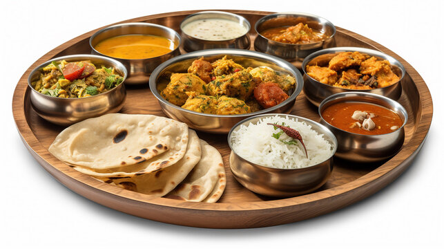  Indian thali,  home made food with lentil dal, cauliflower curry, roti, ghee butter, and  rice, ai illustration isolated on white 