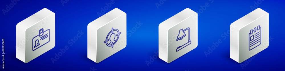 Poster set isometric line identification badge, head hunting concept, table lamp and spiral notebook icon. 