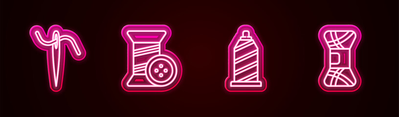 Set line Needle for sewing with thread, Sewing and button, and Yarn. Glowing neon icon. Vector