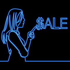 Continuous line drawing shopping girl and sale word icon neon glow vector illustration concept