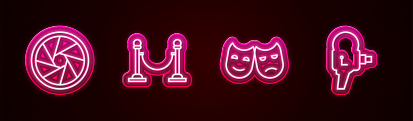 Set line Camera shutter, Rope barrier, Comedy and tragedy masks and Retro cinema camera. Glowing neon icon. Vector