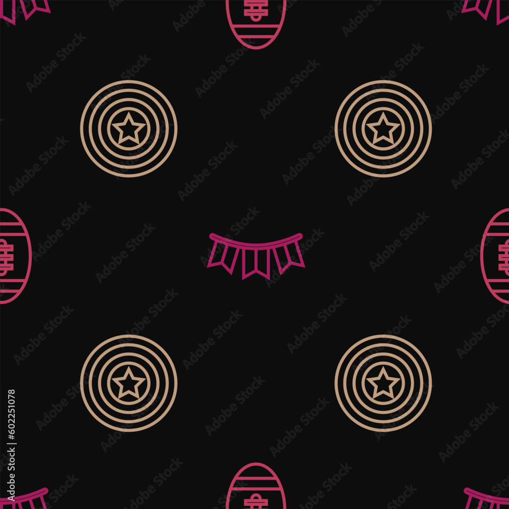 Sticker Set line American Football ball, star shield and Carnival garland with flags on seamless pattern. Vector