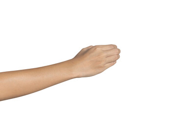 Man hand show holding something like a bottle isolated on white background. Clipping path included