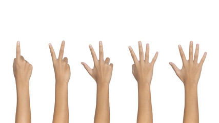 Man showing one to five fingers count signs isolated on white background with Clipping path included. Communication gestures concept