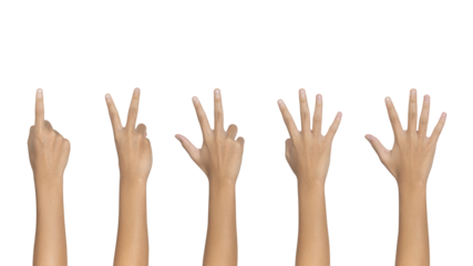 Man showing one to five fingers count signs isolated on white background with Clipping path included. Communication gestures concept