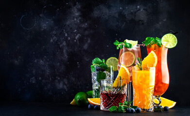 Popular summer cocktail drinks set: negroni, blueberry mojito, screwdriver, hurricane and french...