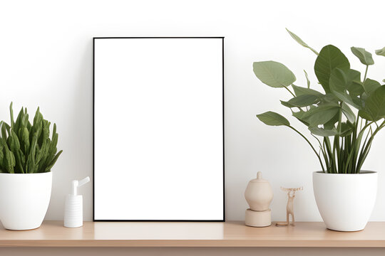 Mockup image of wall frame white room with plants. Generative AI
