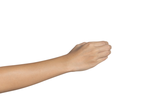 Man hand show holding something like a bottle isolated on white background. Clipping path included