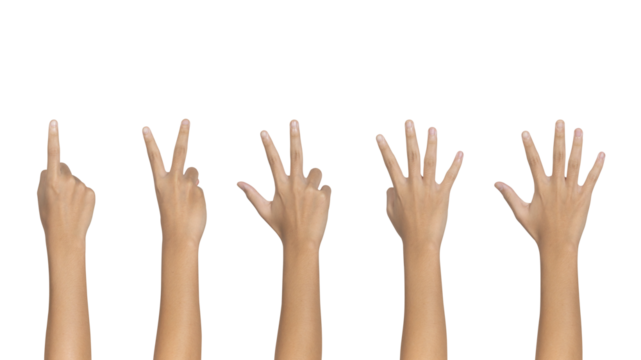Man showing one to five fingers count signs isolated on white background with Clipping path included. Communication gestures concept