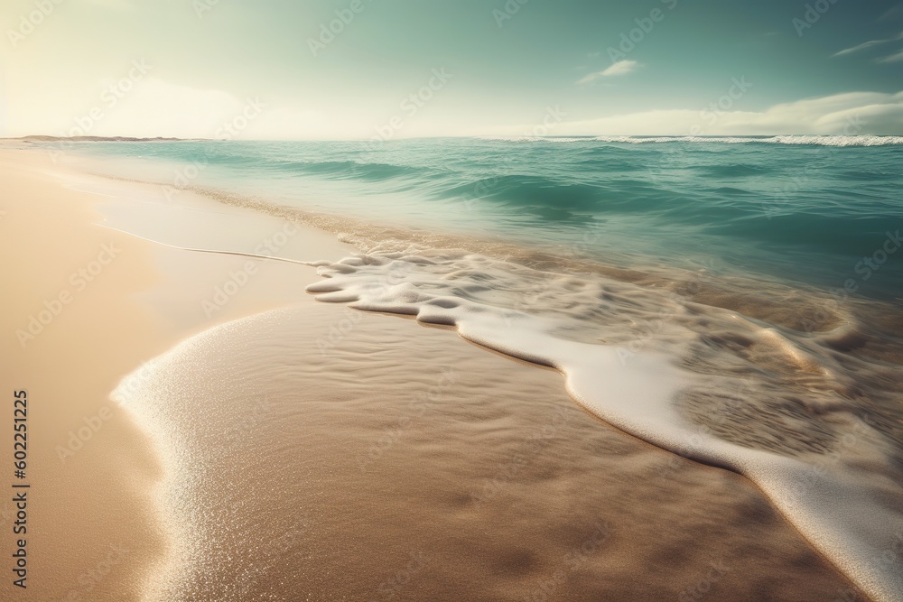 Poster a stretch of beach covered with sand, with waves breaking both in and out of the ocean generative ai