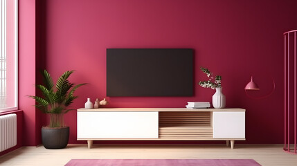 Cabinet for TV in modern living room on white viva magenta wall background.