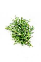 Fresh rosemary bunch and jute rope on white stone table background. Spicy herb for cooking  Top view