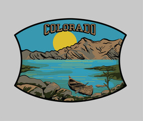 colorado mountain lake with boat vector, Summer camp at the mountain lake retro print design for t shirt, poster, background, sticker and others.