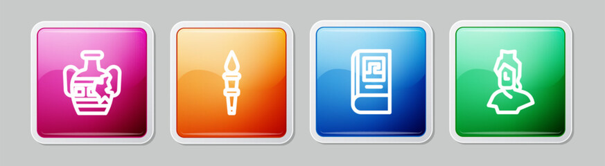 Set line Broken amphorae, Torch flame, Greek history book and Ancient bust sculpture. Colorful square button. Vector