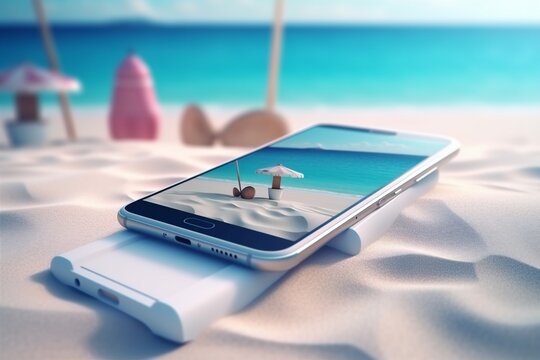 holiday creative concept palm summer phone mock sand sea cyber up. Generative AI.