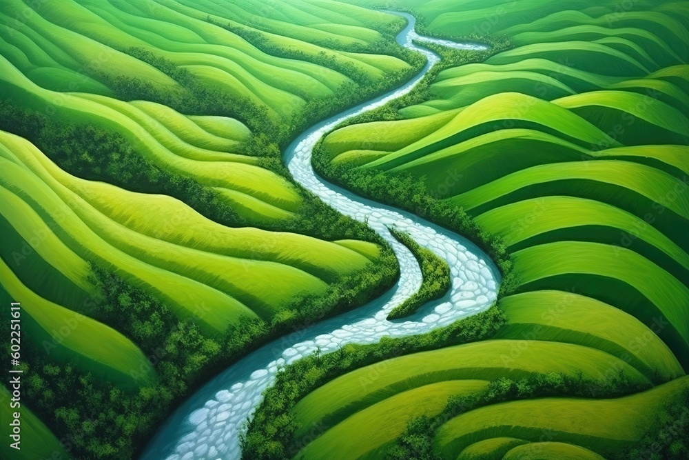 Poster a depiction of a river winding its way through a forested gorge generative ai