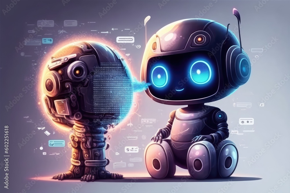 Poster cute robot character. chatbot for social media chat. distinct generative ai image.