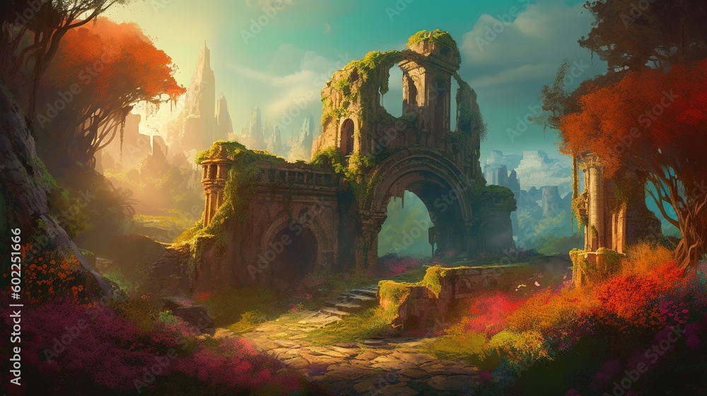 Poster a picture of a castle situated smack dab in the midst of a forest generative ai