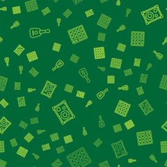 Set line Guitar, Stereo speaker and Drum machine on seamless pattern. Vector