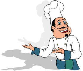 Smiling Chef in White Uniform Pointing with his Hands