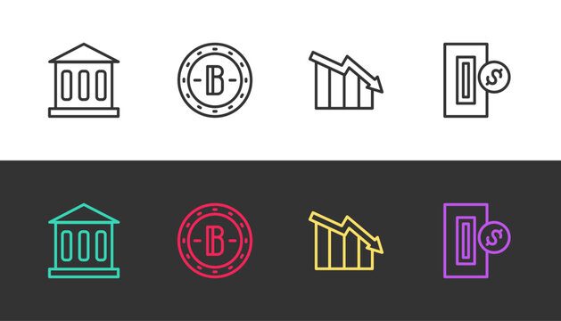 Set line Bank building, Bitcoin, Financial growth decrease and Inserting on black and white. Vector