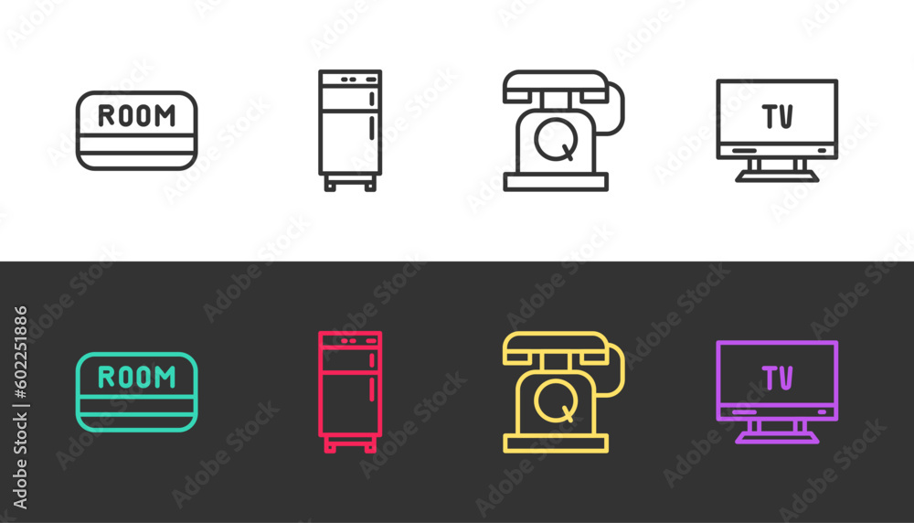 Wall mural Set line Hotel key card, Refrigerator, Telephone handset and Smart Tv on black and white. Vector