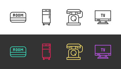 Set line Hotel key card, Refrigerator, Telephone handset and Smart Tv on black and white. Vector
