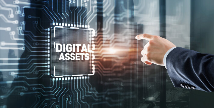 Digital asset management, Document imaging. Businessman clicking on virtual screen. Enterprise content management