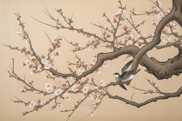 Tranquil Cherry Blossom Branch Drawing in Soft Pastel Tones with Intricate Linework, generative AI