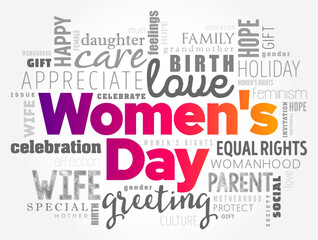 Women's Day is a global day celebrating the social, economic, cultural, and political achievements of women, word cloud concept background