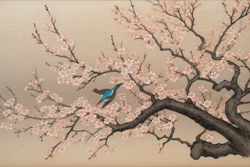 Tranquil Beauty: An Intricate Drawing of Cherry Blossoms in Soft Pastel by Ohara Koson, generative AI