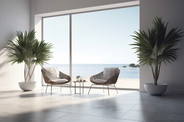 Naklejka premium sunlight interior indoor window design plant home wall empty floor chair. Generative AI.