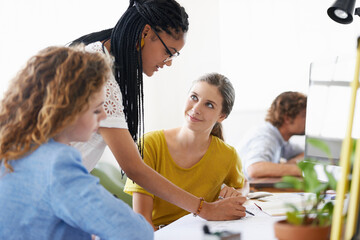 People, floor plan or engineering manager writing or planning an project talking with leadership in meeting. Coaching, teamwork or designers working on strategy or ideas of architecture blueprint