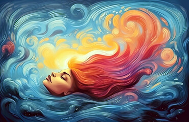 Sleeping girl with long hair dreaming in the waving clouds.Psychic waves concept.Esoteric calming background with soothing colors.Generative AI. - obrazy, fototapety, plakaty