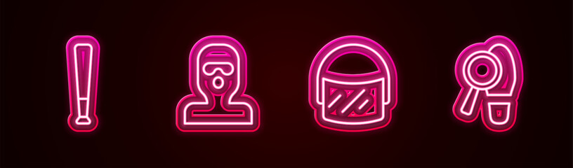 Set line Baseball bat, Thief mask, Police helmet and Footsteps. Glowing neon icon. Vector