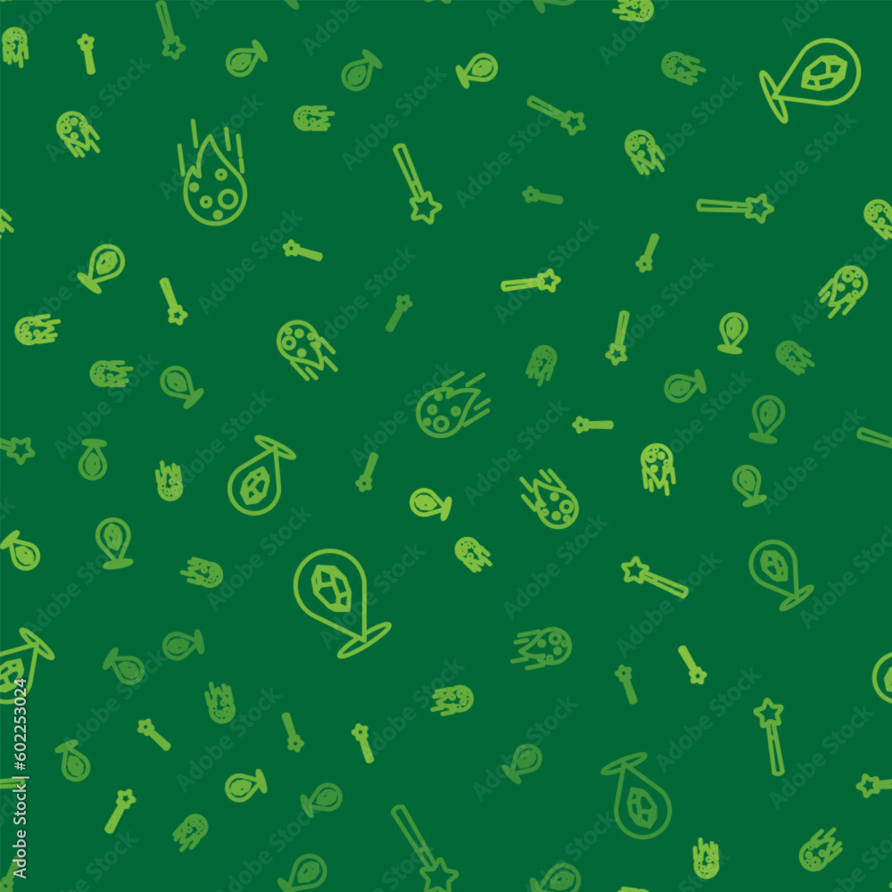 Poster set line fireball, magic stone and wand on seamless pattern. vector