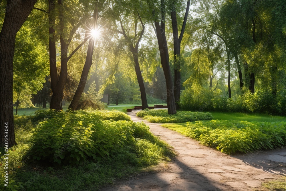 Poster a route through a park that is bordered on both sides by trees and grass generative ai