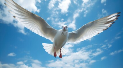 Obraz premium seagull fly against the blue sky with clouds. Sea bird gracefully fly in the air. Generative AI