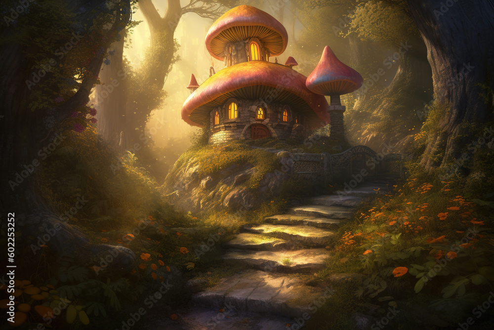 Poster an image of a home situated in the middle of the forest generative ai